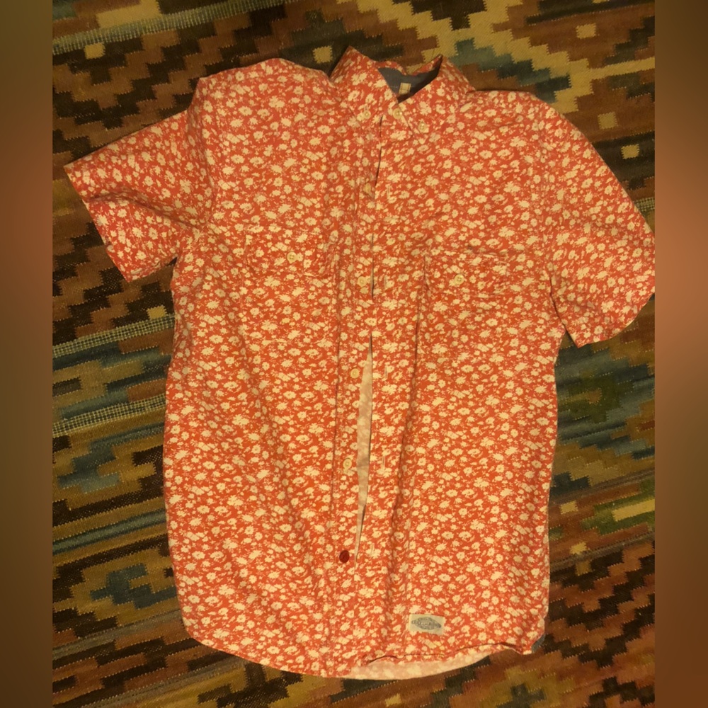 Floral print short sleeved button up shirt by CPO Provisions. Coral and white